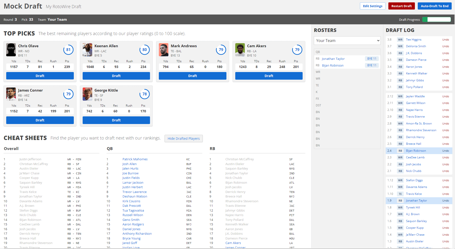 RotoWire Football Mock Draft Tool